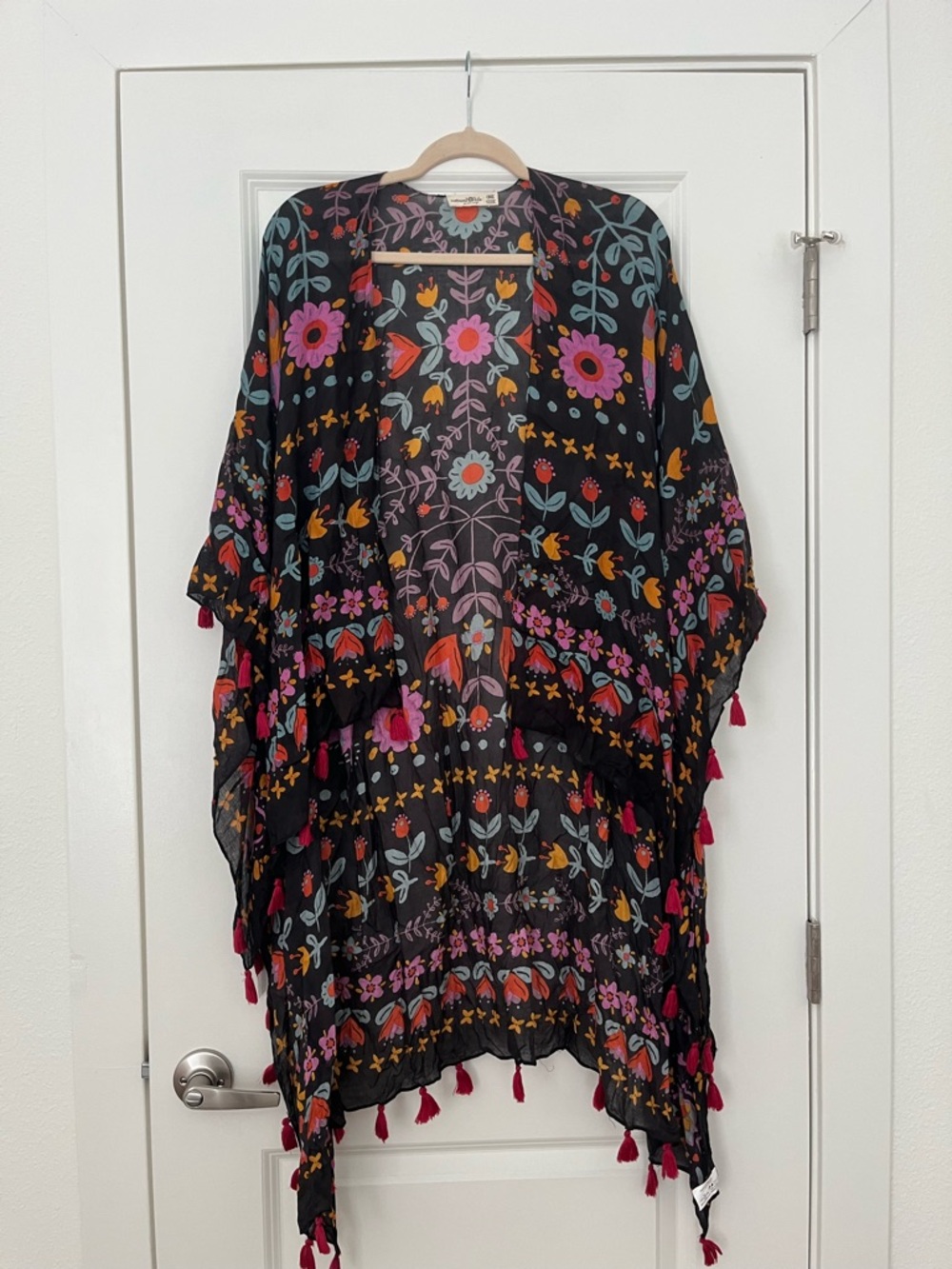 NATURAL LIFE Black Floral Kimono with Pink, Yellow & Teal Blooms